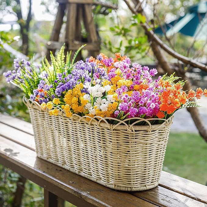 Der Rose 24 Bundles UV Resistant Artificial Flowers for Outdoors Faux Ferns Fake Plastic Flowers for Spring Home Garden Courtyard Patio Front Porch Decor