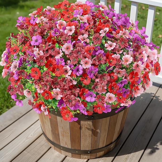 Alupssuc 24 Bundles Artificial Flowers for Outdoors Decoration, UV Resistant Silk Faux Floral Spring Summer Fake Plastic Plants Greenery for Outside Indoor Garden Porch Window Box Home Decor(4 Colors)