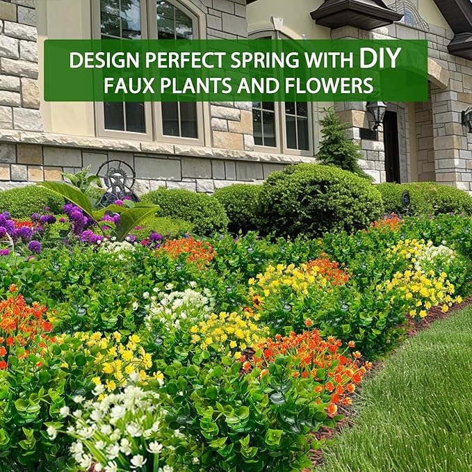TURNMEON 20 Bundles Artificial Greenery Plants Outdoor Spring Summer Decor, UV Resistant Fake Plants Boxwood Shrubs Grass,Faux Eucalyptus Flowers for Farmhouse Gardens Home Patio Indoor Outdoor(Green)