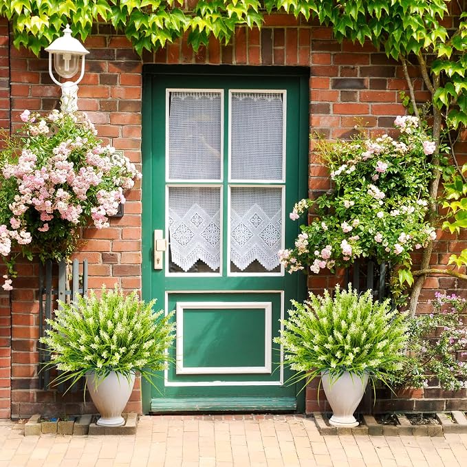 Artificial Plants for Outdoors, 20 Bundles Fake Monkey Grass with White Spring Summer Flowers, Faux Plants Outdoor UV Resistant Realistic Greenery for Garden Window Patio Hanging Porch Home Decoration