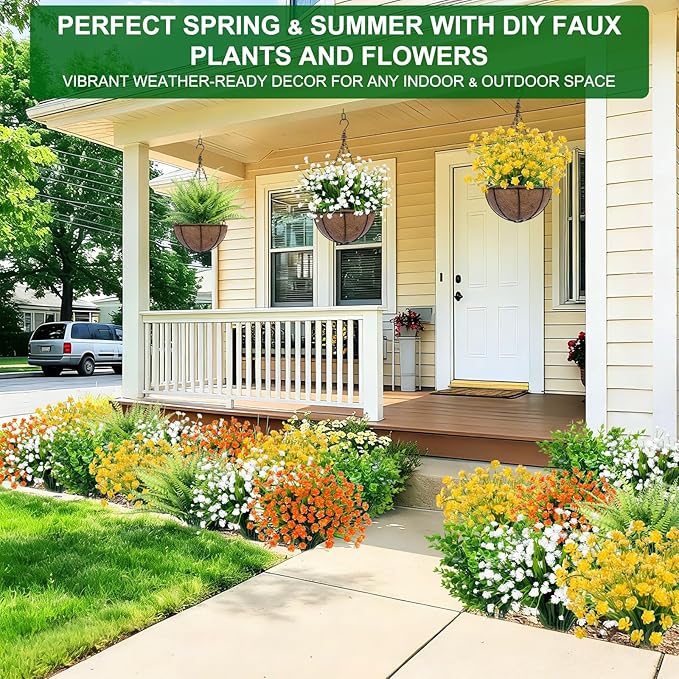 TURNMEON 12 Bundles Artificial Flowers for Outdoors Summer Decor, Realistic UV Resistant Fake Plants Faux Plastic Flowers for Outside Planter Home Gardens Porch Yards Spring Cemetery Decor(Yellow)