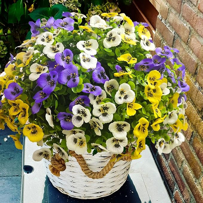Artificial Flowers for Outdoors Fake Plants Spring Decor, 14 pcs Realistic Fake Pansies Silk Flowers UV Resistant, Lifelike Faux Outdoor Flowers for Porch Garden Patio Window Box Decor