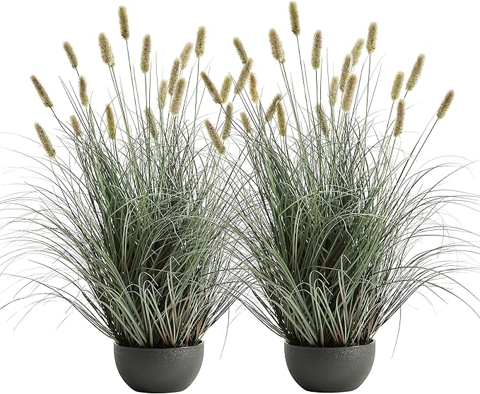 3ft Onion Grass Set of 2, Artificial Plant and Greenery, Fake Floor Plants Indoor Outdoor, Potted Faux Green Bristlegrass with Spikes, Large Size Horsetail Reed Grass, House Decorative