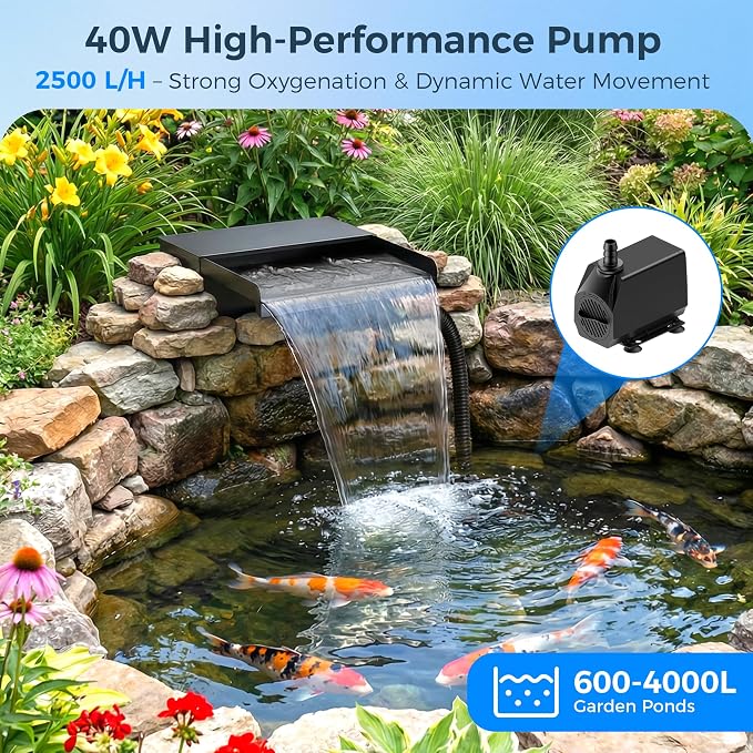 Biling Pond Waterfall Spillway Kit, 8” Waterfall Box with 660 GPH Powerful Pump, Triple Filtration System (Ceramic Rings & Sponge), Complete DIY Water Feature Kit for Garden Ponds, Streams and Patio