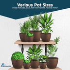 Brown Plant Pots with Drainage Holes & Saucers 3 Pack, Indoor & Outdoor Stackable Space-Saving Planters for Houseplants & Flowers, (7", 6.7", and 6" Inches), Durable & Weatherproof Materials