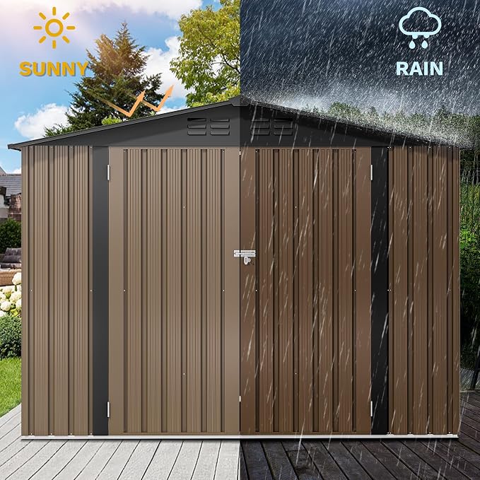 DWVO 7x5ft Metal Outdoor Storage Shed, Waterproof Tool Shed Heavy-Duty Storage Unit with Lockable Door and Vents, Ideal for Bicycles, Tools, Lawnmowers, Backyards, Patios, Lawns - Brown