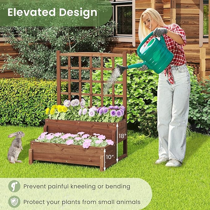 Byroce Outdoor Raised Garden Bed, Garden Planter Box with Lattice Trellis, Legs & Drainage Hole, 2-Tier Standing Elevated Planter for Flower, Fruit, Vegetable & Climbing Plants in Patio, Balcony (2)