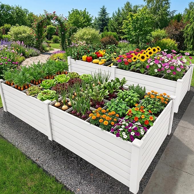 DWVO 4 x 4 x 2 FT Raised Garden Bed, Outdoor Vinyl Flower Bed with Growth Grid, Large Plastic Planter Box for Vegetables, Flowers, Herbs, Fruits, White