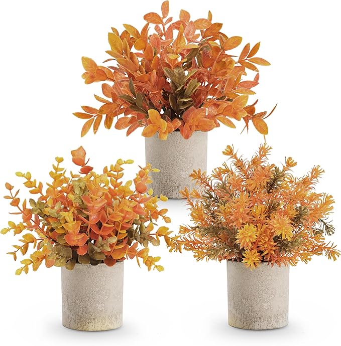Der Rose 3 Pack Mini Potted Fake Plants Artificial Plastic Eucalyptus Plants Topiaries for Home Office Desk Farmhouse Shelf Room Bathroom Decor(Orange)