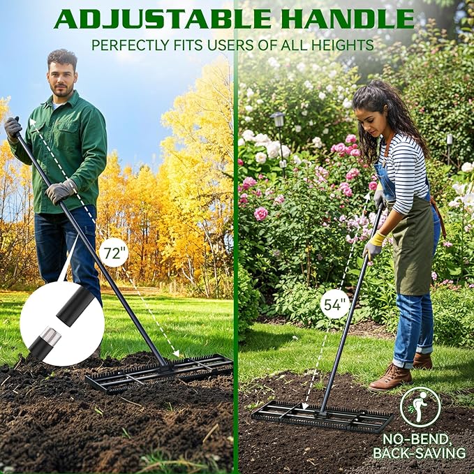 Housolution 32"x10" Lawn Leveling Rake with Serrated Edge & Smooth Plate, Heavy-Duty Stainless Leveling Rake with 72" Adjustable Handle, Serrated Rake for Soil/Dirt/Compost/Dead Grass/Gravel