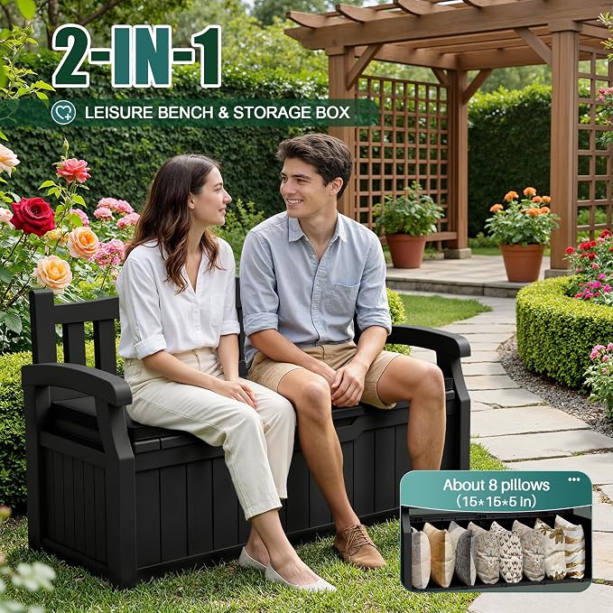Devoko 80 Gallon Storage Bench with Cushion, Lockable Deck Box for Patio Furniture, Garden Decor and Outdoor Seating for Cushions, Garden Tools and Pool Supplies (Black, 80 Gallon with Cushion)