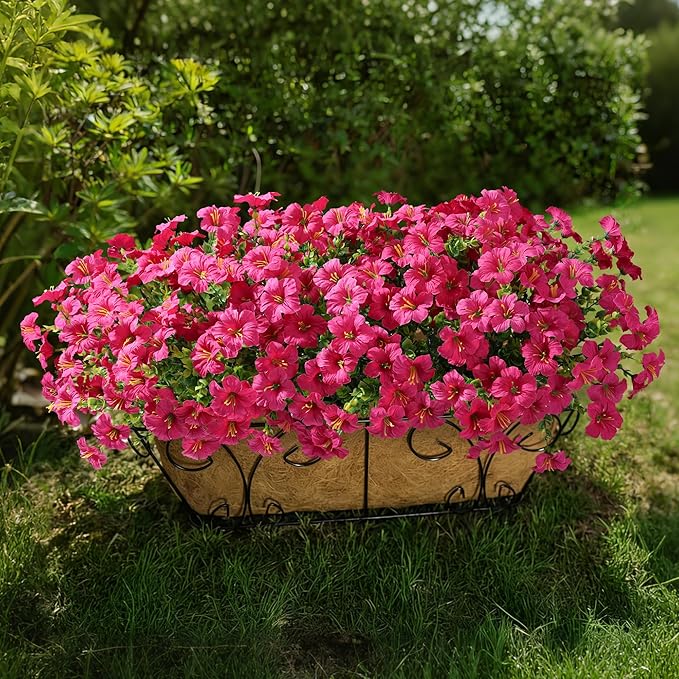 Artificial Flowers for Outdoors Fake Plants Outside Decoration, 20 Bundles Fuchsia Silk Petunia with Eucalyptus UV Resistant Realistic Faux Flowers for Outdoor Planters Garden Balcony Yard Porch Patio