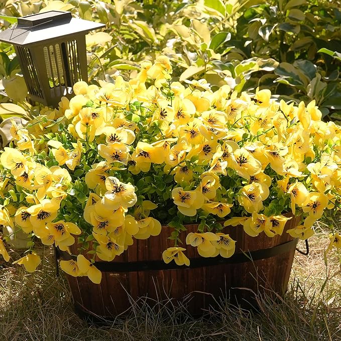 Artificial Flowers for Outdoor, UV Resistant Fake Silk Pansies Flowers, Realistic Faux Plants for Outside Indoor Porch Patio Window Box Planter Home Decor (16, Yellow)