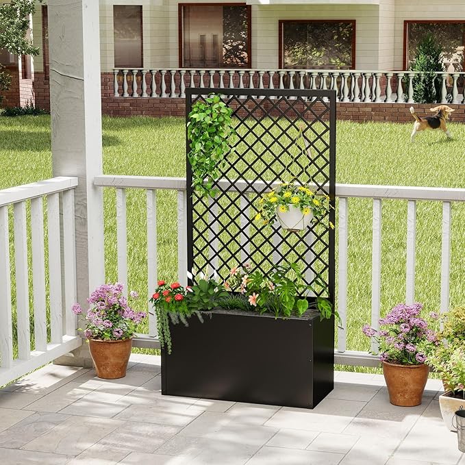 MOTION Outdoor Raised Garden Bed with Trellis - Free Standing Planter for Hanging Flower Baskets Lattice Planter Boxes, Black