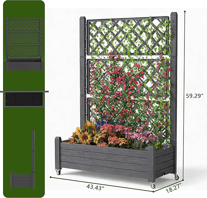 Elevated Raised Garden Bed with Trellis, 21 Gallon Self-Watering Outdoor Resin Planter Box with Lockable Wheels Drain Plug & Water Monitor for Plants Vegetables Flowers Fruits (Black)