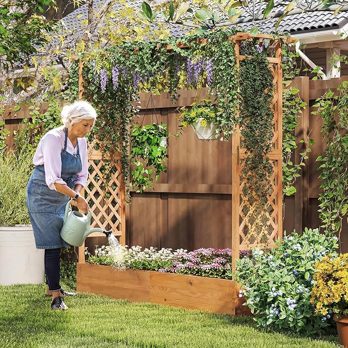 Giantex Set of 2 Raised Garden Bed with Trellis & Hanging Roof, Wood Planter Box with Bottom and Drainage Holes, Freestanding Garden Planter for Flower Vegetable Fruit Herb Climbing Vines, 77"x17"x70"