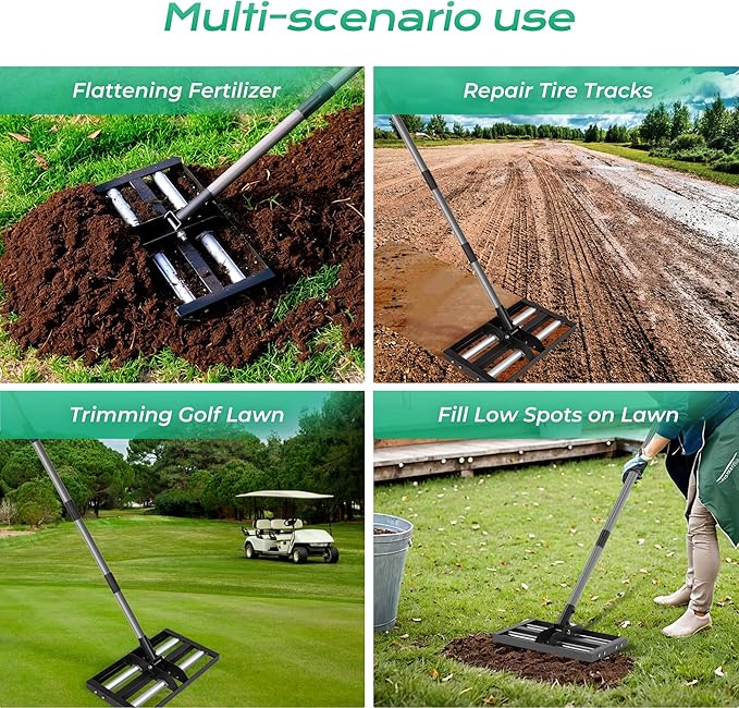 Suchtale Lawn Leveling Rake with Aluminum Rollers, 17"x10" Levelawn Tool, Heavy-Duty Stainless Steel Lawn Leveler with 61" Adjustable Long Handle, Lawn Leveler for Smooth Soil,Garden,Golf Course,Farm