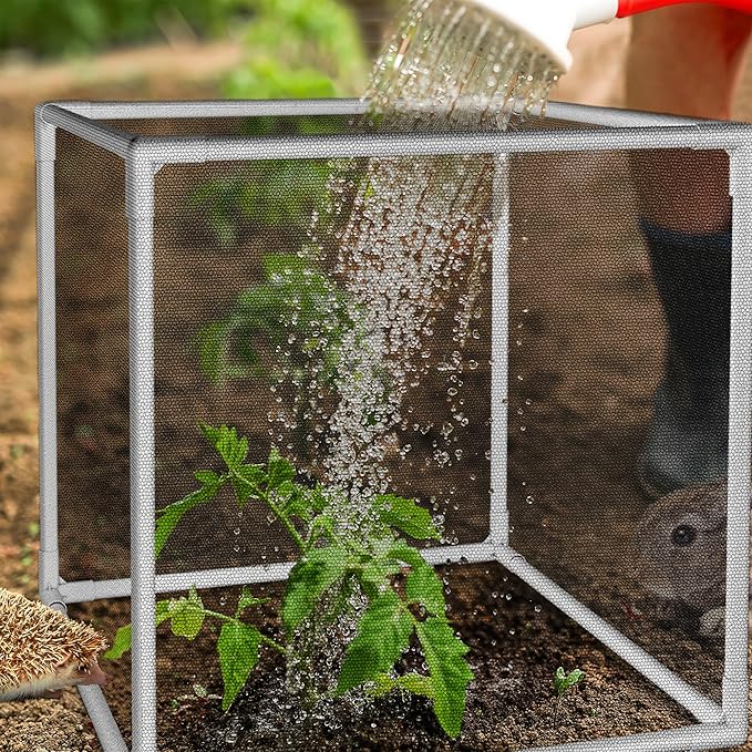 3 Pack Plant Protectors from Animals, 13.8" X 13.8" Detachable Plant Cages for Outdoor Plants with Netting, Square Plant Cages to Keep Animals Out with Ground Stakes (Black)