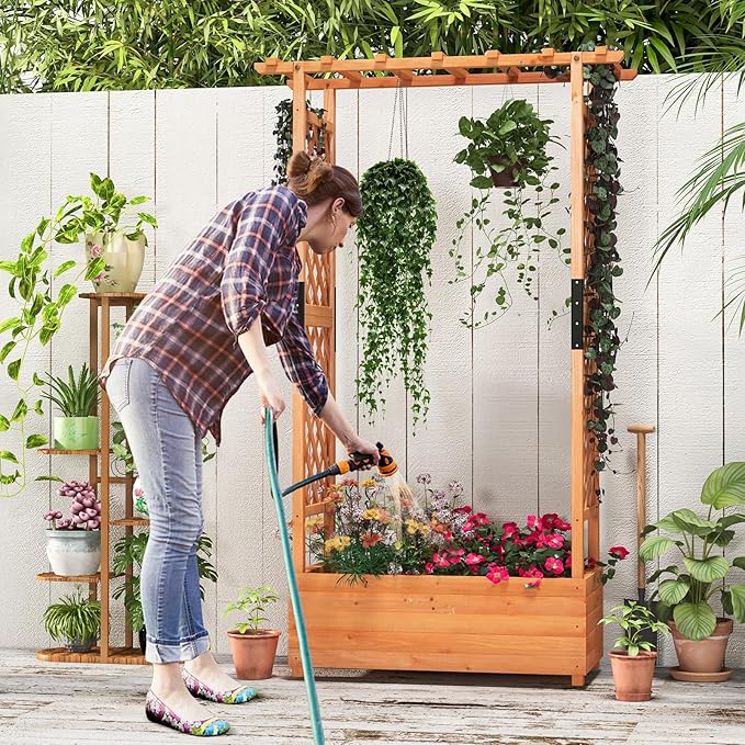 LDAILY Raised Garden Bed with Trellis, Above Ground Garden Bed with Hanging Roof, Side Trellis, & 4 Drainage Holes, Planter Box for Outdoor Climbing Plants Vines Flowers (2, 43.5"L x 17.5"W x 72"H)
