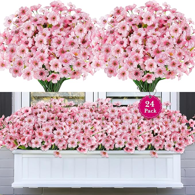 24 Bundles Artificial Flowers for Outdoors, Realistic Fake Silk Flowers for Outside Decoration, No Fade Faux Plants Outdoor Planter Window Box Porch Patio Decor(Pink)