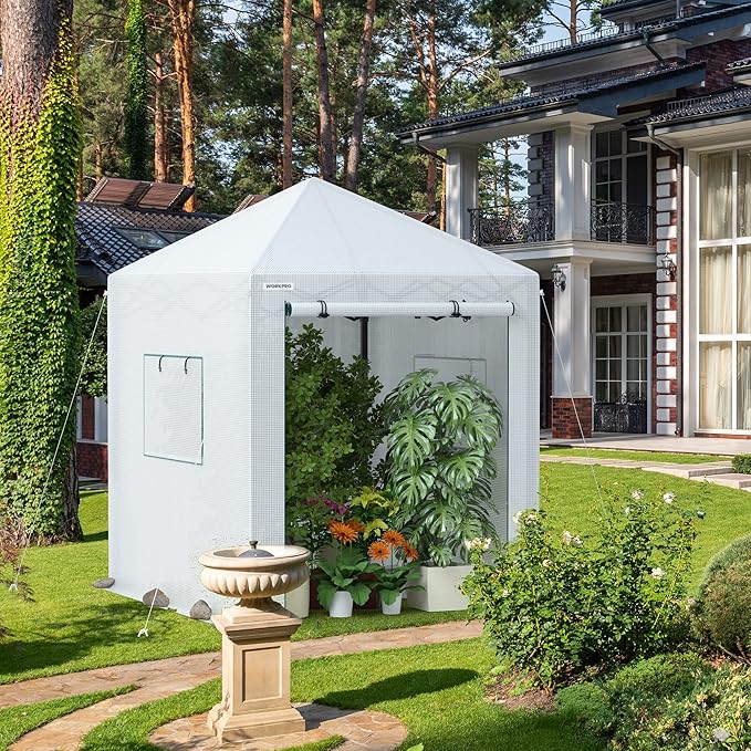 WORKPRO 8'x 6' Portable Walk-in Greenhouse, Instant Pop-up Heavy Duty Gardening Green House Canopy with Robust PE Cover, Indoor Outdoor Plant House Shed with Roll-up Entry Doors and 2 Screen Windows