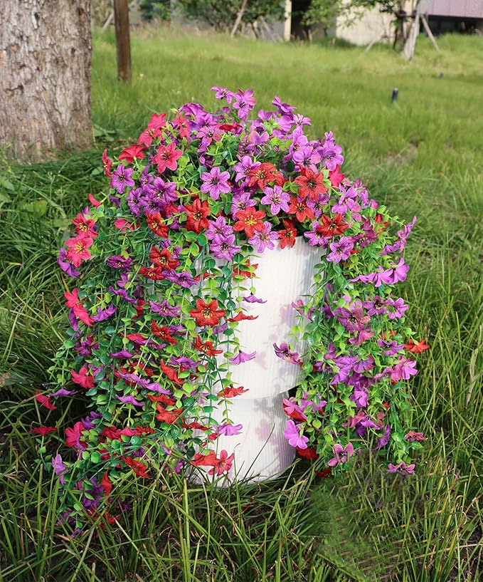 Artificial Hanging Flowers for Outdoors, 4 Pack Fake Hanging Plant for Spring Summer Decor, UV Resistant Faux Silk Flower for Planter Porch Patio Balcony Yard Decoration ( Light Purple & Rose Red)