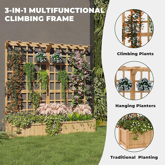 GarveeLife Two-Tier Wooden Planter Box with Trellis for Outdoor Gardens, Elevated Raised Bed for Flowers and Vegetables, 1.4 ft Deep Planter with Hanging Roof & Drainage Holes