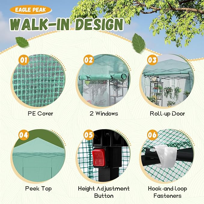 Devoko Walk-in Greenhouse, Instant Pop Up Green House for Outdoors with Zippered Door and 2 Roll-up Windows, PE Cover, Portable and Easy Assemble (Green, 6x4 Feet)
