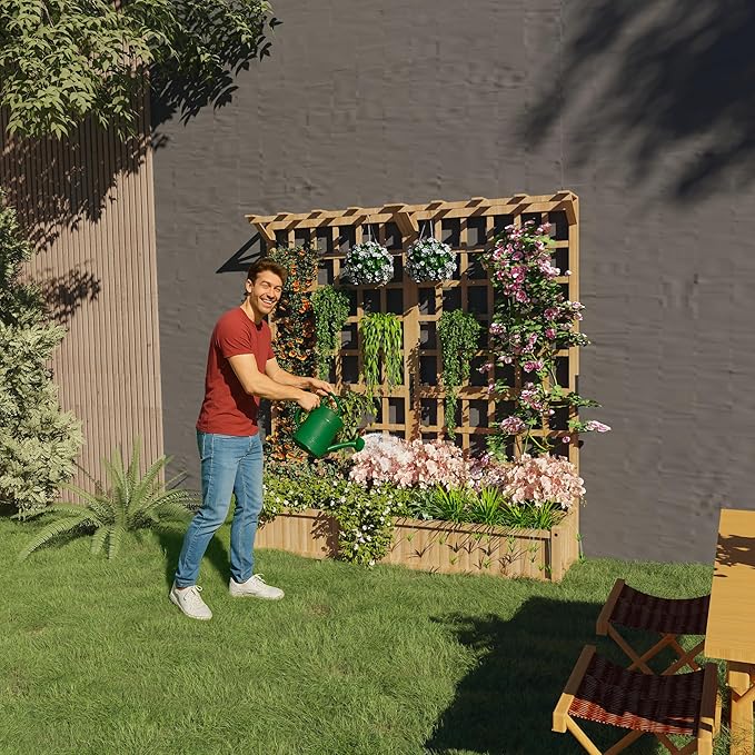 GarveeLife Two-Tier Wooden Planter Box with Trellis for Outdoor Gardens, Elevated Raised Bed for Flowers and Vegetables, 1.4 ft Deep Planter with Hanging Roof & Drainage Holes
