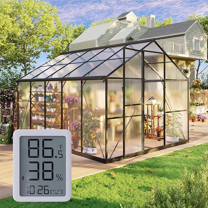 8x10FT Greenhouse Kits with Hygrometer, Polycarbonate Green Houses for Outside Heavy Duty with Aluminum Frame, Walk in Greenhouses with Drainage Channel Roof Vent for Backyard or Garden Use