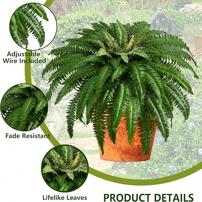 48In Artificial Boston Ferns Bush, Set of 2 Large Faux Ferns Plants, 67 Branches Fake Ferns for Home Living Room Decor, Indoor and Outdoor