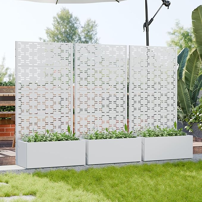 Casaphoria Metal Raised Garden Bed with Trellis, 59"x30"x12" Planter Box for Climbing Plants, Vegetables & Vines, Features Drainage Holes and Privacy Screen, White-Brick