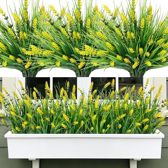 Roberly 24 Bundles Artificial Plants Outdoor, Fake Lavender Flowers UV Resistant Faux Shrubs Plastic Flowers Fake Greenery Plants for Porch Garden Window Box Home Indoor Outdoor Decorations, Yellow