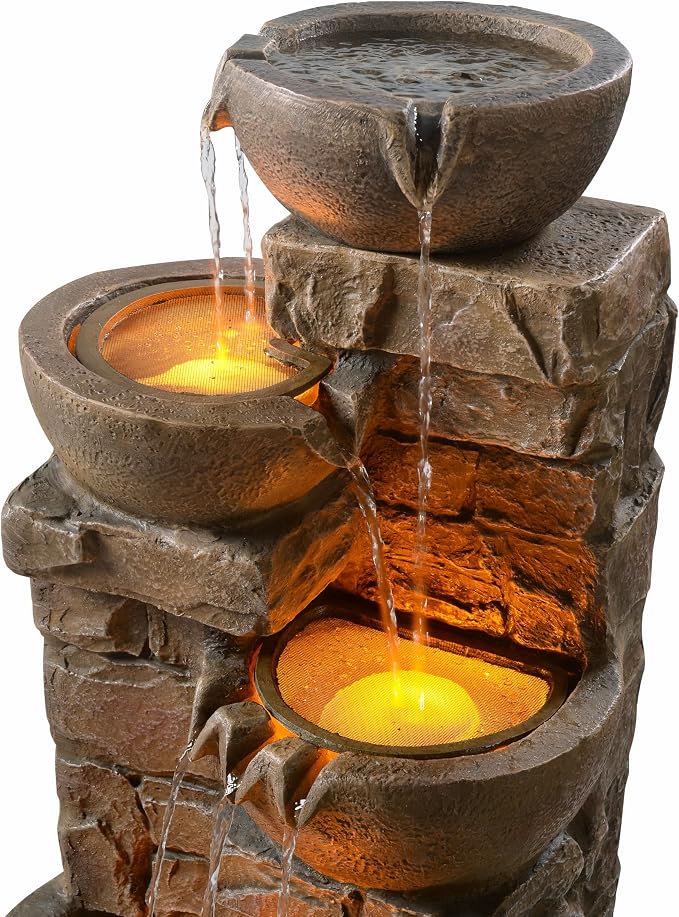 Teamson Home 33.27" Cascading Bowls & Stacked Stones LED Water Fountain for Outdoor Living Spaces, Brown