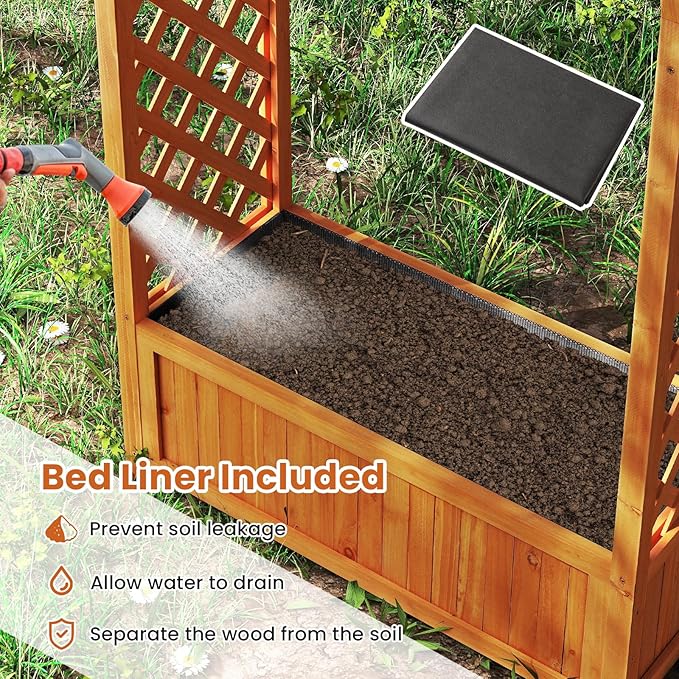 HAPPYGRILL Raised Garden Bed with Trellis, Wooden Elevated Planter Box w/Ached Roof & Detachable Bottom Panels, Liner, Drainage, Indoor Outdoor Wood Planter for Climbing Plants Vine Flower (2)