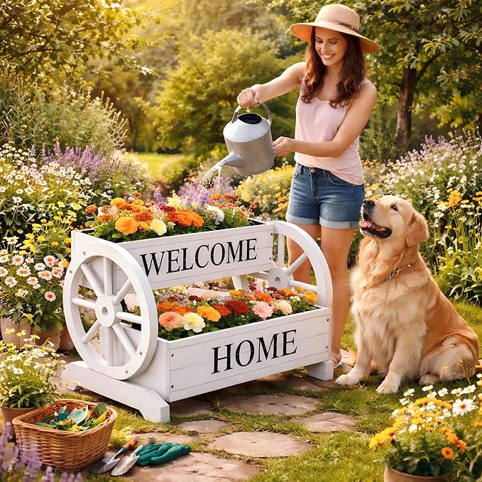 2-Tier Wooden Wagon Planter Box, Extra Large Decorative Flower Cart with Wheels, Washed White Rustic Wood Planter with Drainage Holes & Non-Woven Liner, Raised Bed for Flowers Herbs Vegetables