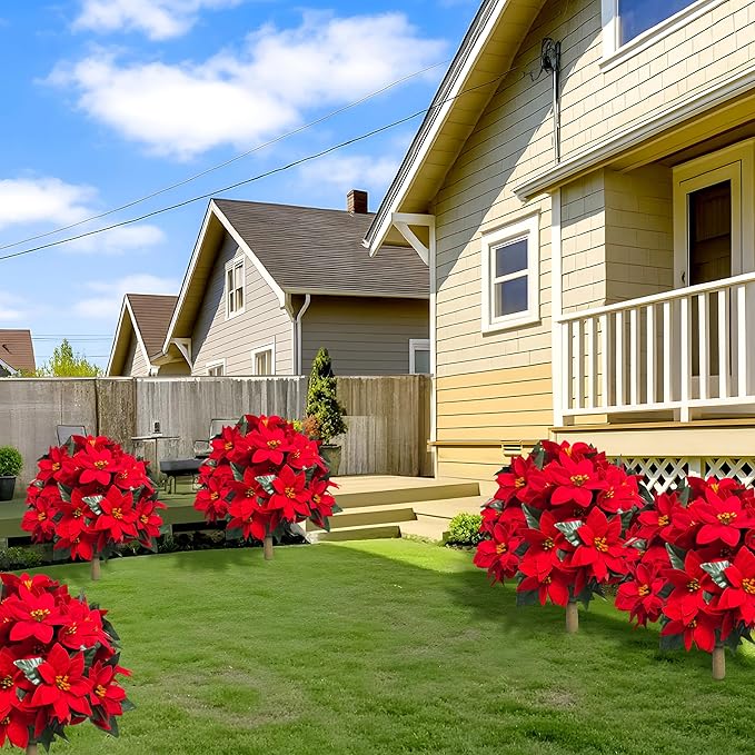 2 Pack 24.5-Inch Artificial Poinsettia Flowers with Ground Spike, Christmas Topiary Balls Trees, Faux Poinsettias Bush,Fake Poinsettia UV Realistic for Outdoor Porch Home Patio Christmas Decor
