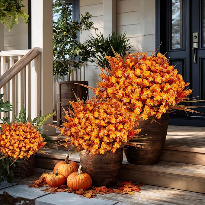 Artificial Fall Flowers Outdoor Fake Mums - 16 Bundles Fake Plants UV Resistant No Fade Faux Plastic Greenery Garden Porch Patio Fall Home Decor (1, OrangeGreen)