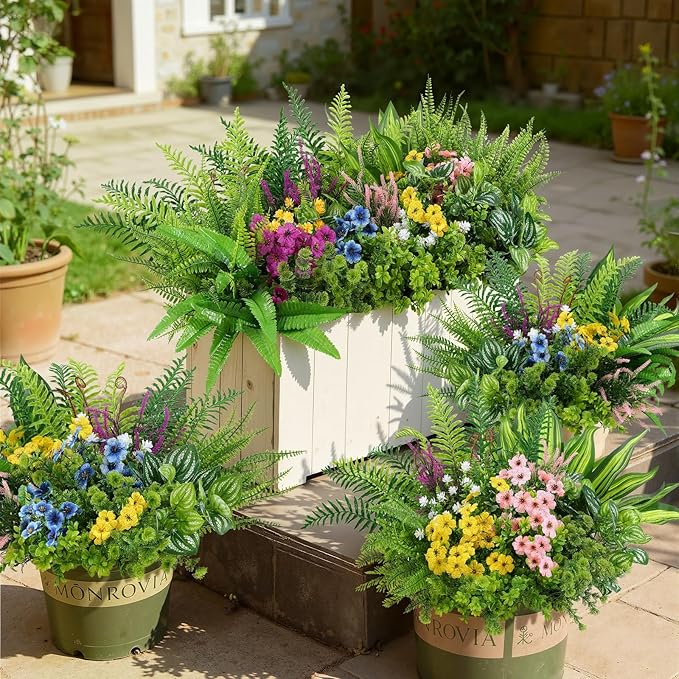 Alupssuc 24Pcs Artificial Flowers and Plants,UV Resistant & No Fade Fake Plastic Greenery Shrubs for Home Garden, Pathway, Front Porch-Spring Summer Decor, Indoor/Outdoor Use,Pink Purple Yellow Blue