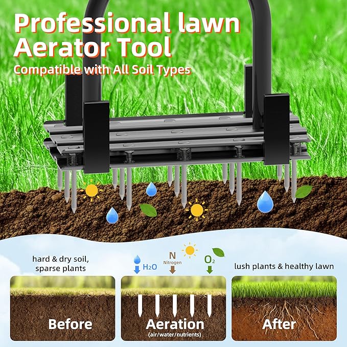 Aerator Lawn Tool - 2-in-1 Reinforced Heavy Duty Manual Lawn Aerator with 15 Spikes, Automatic Dirt and Leaf Clean Design, Adjustable T-Handle (Orange)