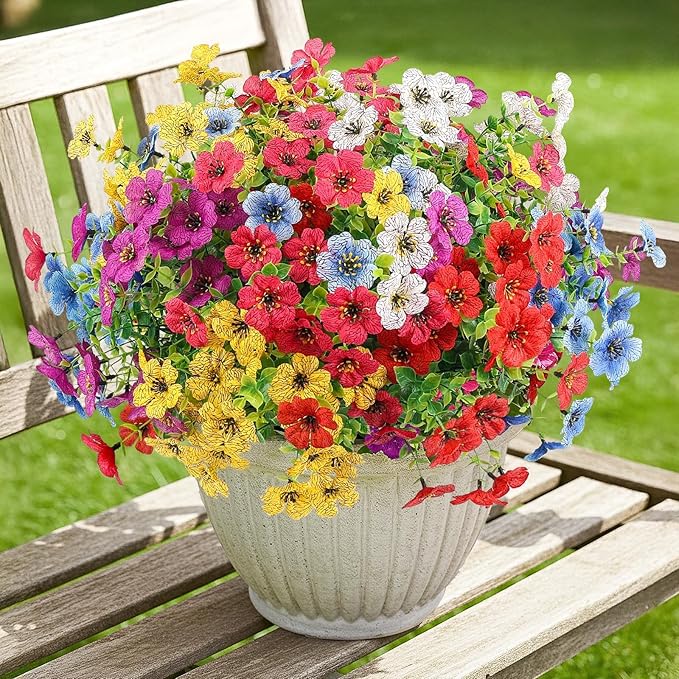 ATTGREAT Artificial Spring Flowers Outdoor Faux Plants UV Resistant Fake Patio Flowers Plastic Greenery Plnats Outside Bulk for Spring Garden Hanging Planter Home Vase Decor, 36 Bundles (Multicolor)