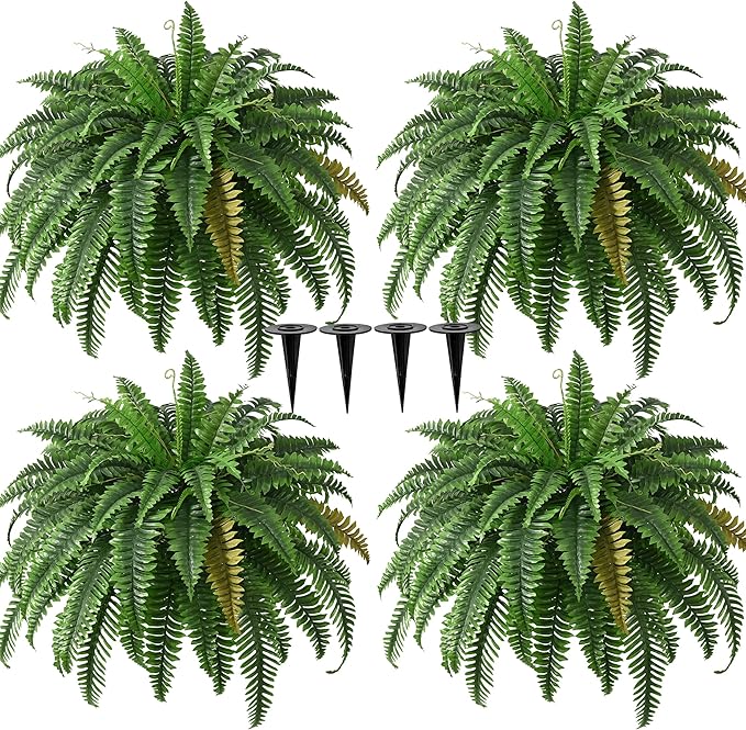 4PCS 45in Fake Ferns- Outdoor Faux Plants, Large UV Resistant Artificial Ferns for Outdoors, Weatherproof Faux Boston Fern Realistic Fake Artificial Plant for Porch Home Garden Patio Hanging Decor