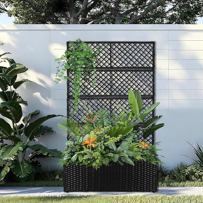 52’’ H Garden Planter Box with Trellis Outdoor for Vine Climbing Plants, Flowers Handwoven Rattan Garden Bed with Removable Liners for Backyard Patio Balcony