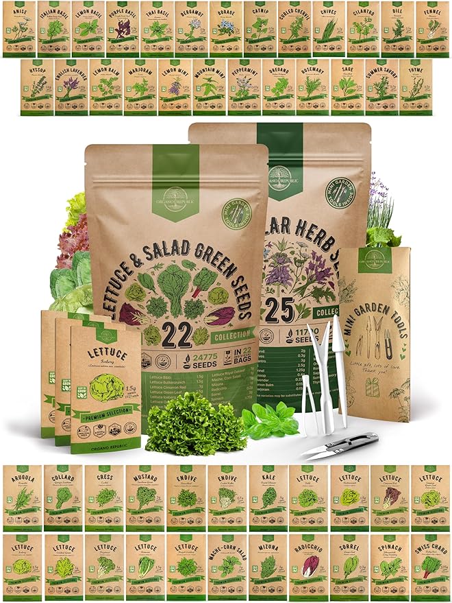 Organo Republic 22 Lettuce & Salad Greens Seeds & 25 Most Popular Herb Seeds Variety Pack Bundle, 36,400+ Non-GMO Heirloom Garden Seeds for Planting Vegetables & Herbs for Indoor & Outdoor Gardening