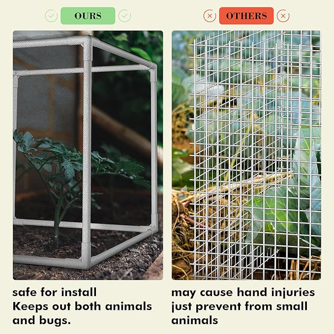 3 Pack Plant Protectors from Animals, 13.8" X 13.8" Detachable Plant Cages for Outdoor Plants with Netting, Square Plant Cages to Keep Animals Out with Ground Stakes (Black)