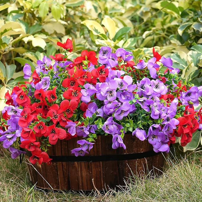 Artificial Flowers for Outdoor, UV Resistant Fake Silk Pansies Flowers, Realistic Faux Plants for Outside Indoor Porch Patio Window Box Planter Home Decor (16, Red/Purple)