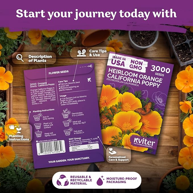 KVITER 3000 Orange California Poppy Seeds (Eschscholzia Californica) - Californian Poppy, Drought Tolerant Wildflower, Orange Flower Seed Packets - Flower Seeds for Outdoor Garden, Meadow, Cut Flowers