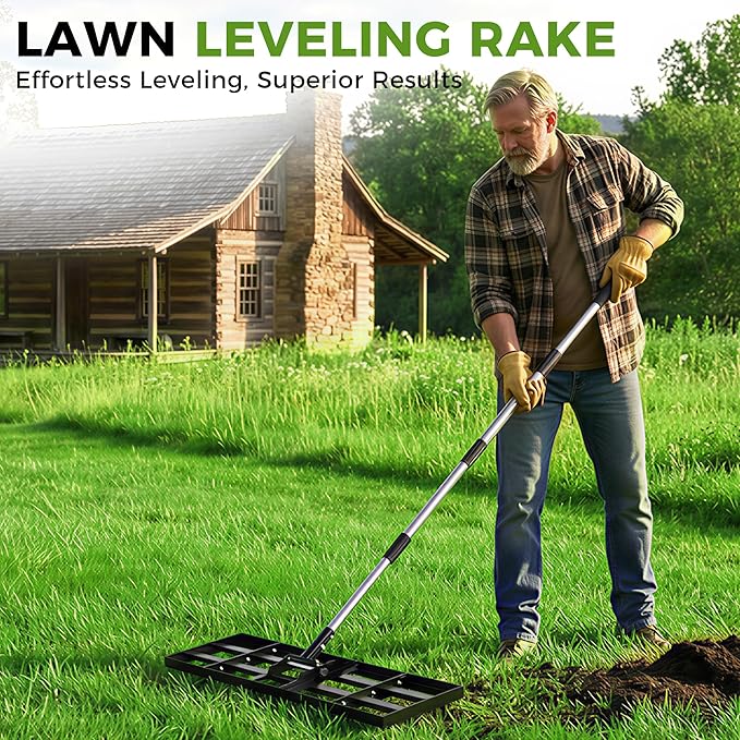 Lawn Leveling Rake, 30"x10" Stainless Steel Lawn Leveler with 76" Adjustable Handle, Heavy-Duty Yard Leveling Rake for Garden, Golf Course, Farm, Pasture, Professional Lawn Care Tool