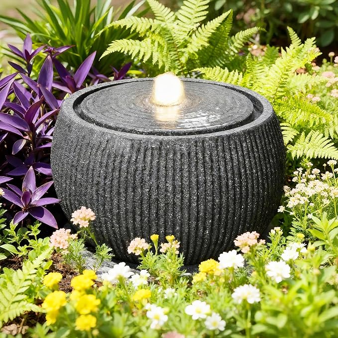 10.6" H Modern Round Outdoor Water Fountain with 3000K LED Lights, Minimalist Sphere Garden Waterfall with Soothing 55dB Sound for Patio, Deck, Porch, Backyard and Zen Indoor Decor