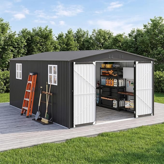 12x18 FT Outdoor Storage Shed, Metal Garden Shed with Lockable Door & Sloped Roof, Large Waterproof Utility Tool Shed for Backyard, Garden, Patio, Lawn, Black